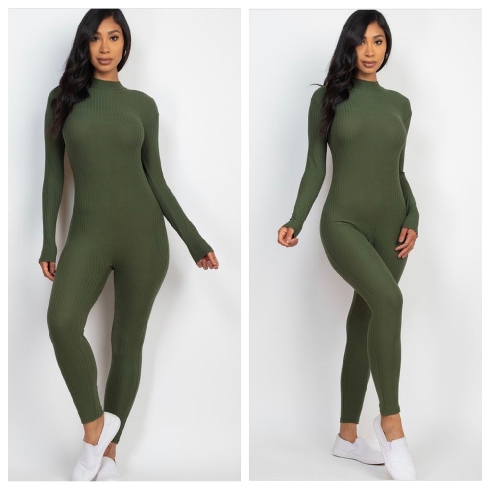 OLIVE RIBBED MOCK NECK LONG SLEEVE JUMPSUIT ROMPER